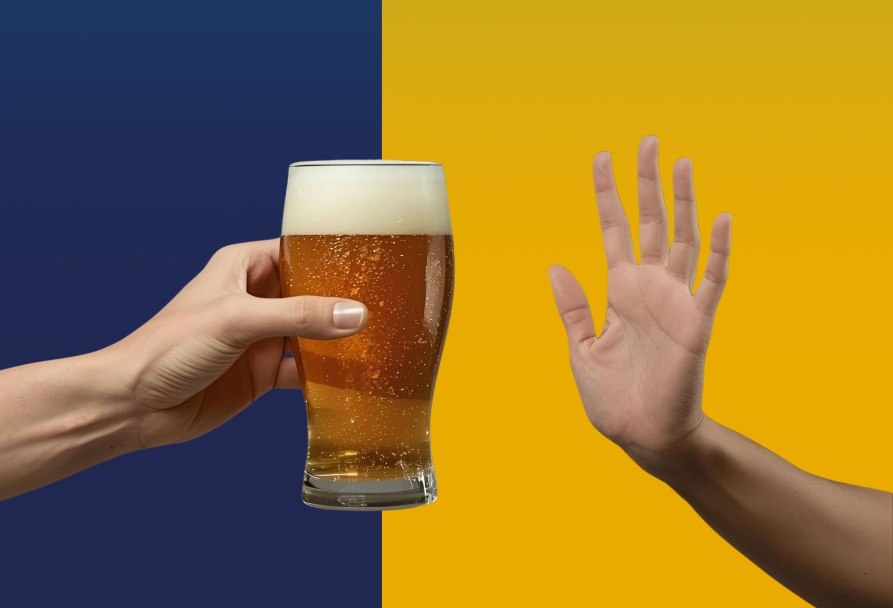 Een hand houdt een glas bier vast. Een andere hand steekt de hand op in een stop-gebaar.
